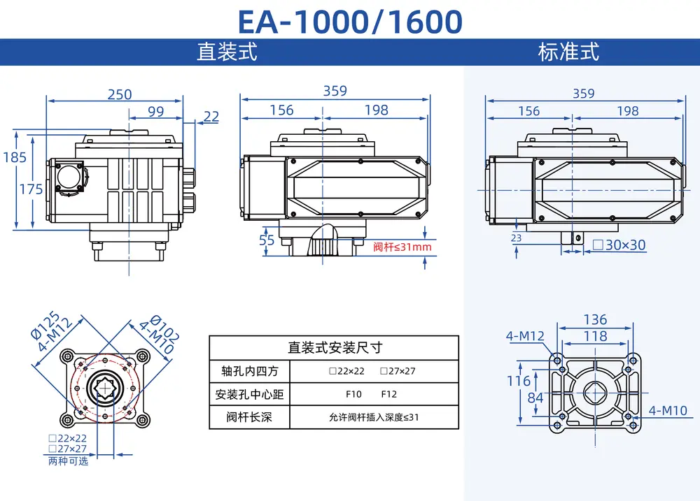 角行程电动执行器 6 EA 1000、1600 电动执行器尺寸图