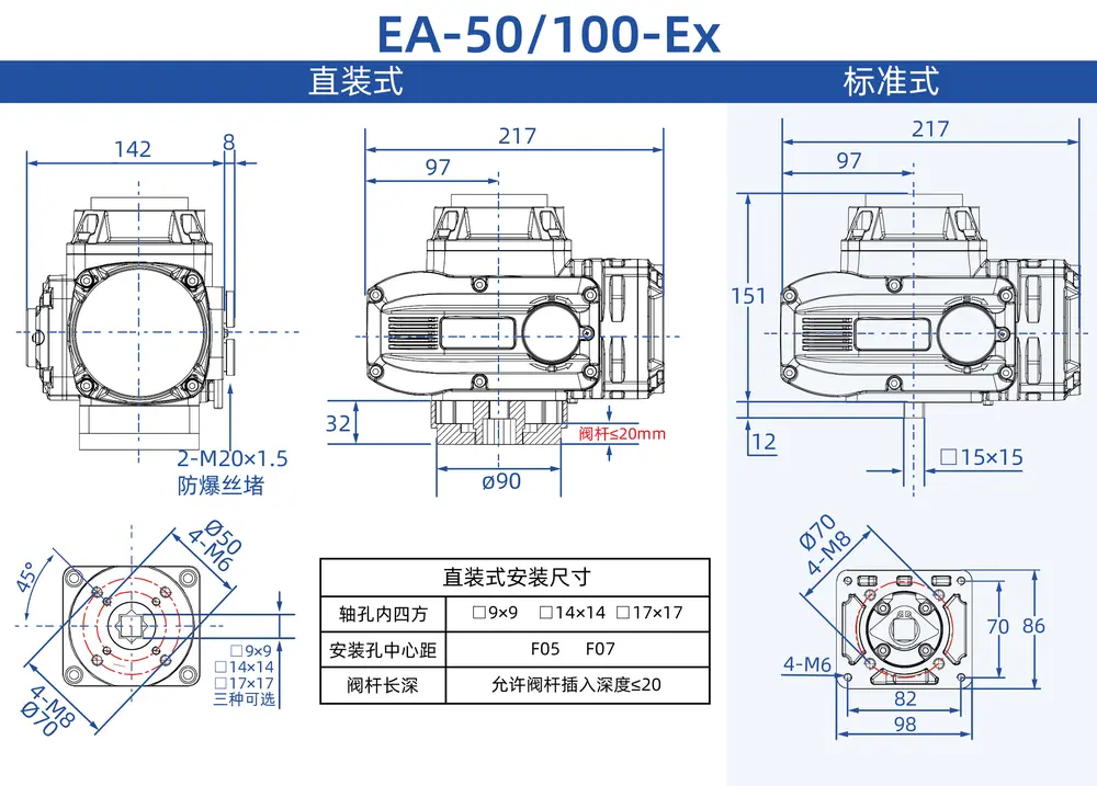 防爆电动执行器 3 EA 50、100 Ex 电动执行器尺寸图