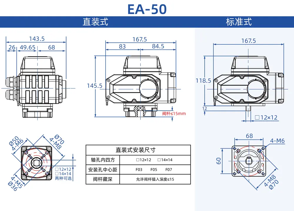 角行程电动执行器 3 EA 50电动执行器尺寸图