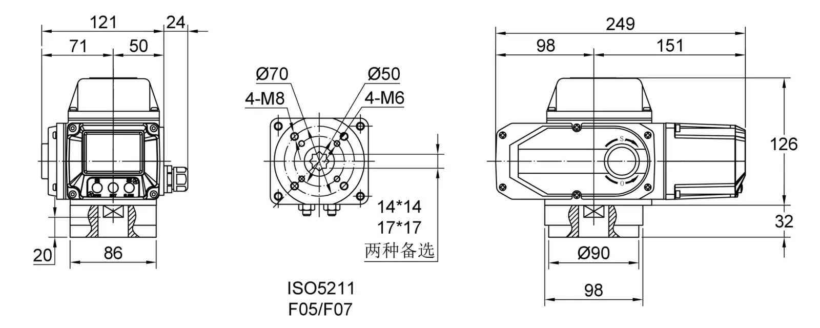 智能电动执行器 8 液晶显示执行器直装式安装尺寸图 001